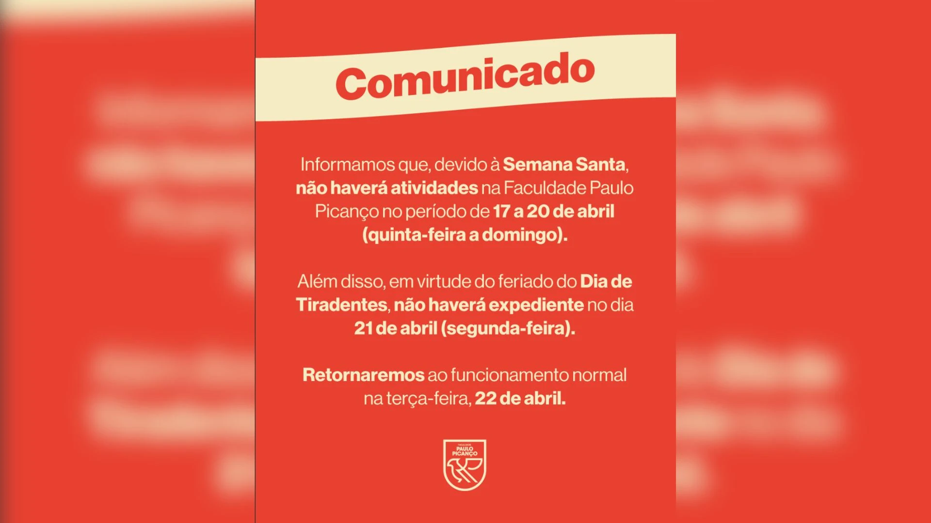 FACPP informa funcionamento durante os feriados da Semana Santa e Tiradentes